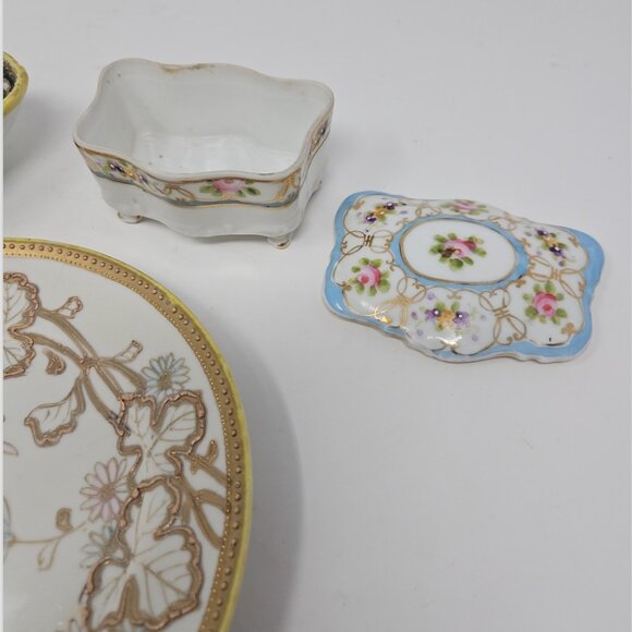 Lot 3 Antique Moriage Porcelain Nippon Wares Plate, Lidded Box & Bowl Japan - Picture 7 of 10